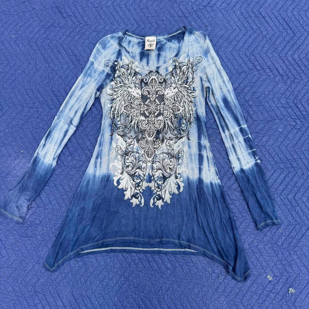 Vocal Womens L Blue Tie Dye Long Sleeve Graphic Top Asymmetrical Rhinestone